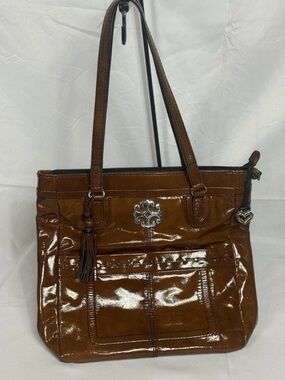 Brighton Brown Patent Leather Tassel Tote Bag Medium Shoulder Purse Heart Charm